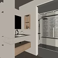 Modern Bathroom Interior With Vanity Countertop Mirror Wooden Cabinets And Glass Shower Partition