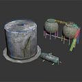 Industrial Storage Equipment Setup With Large Cylindrical Tank Green Storage Tanks Metal Framework And Gas Cylinder