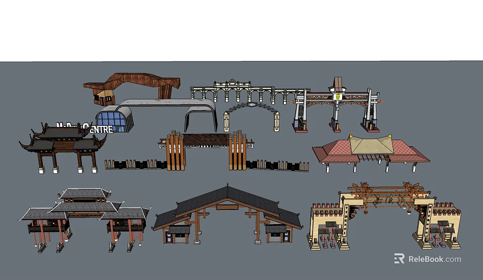 Traditional Chinese Memorial Archway Designs With Various Roof Styles And Wooden Structures 3d model 