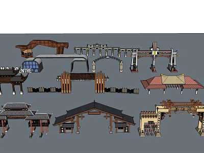 Traditional Chinese Memorial Archway Designs With Various Roof Styles And Wooden Structures 3d model