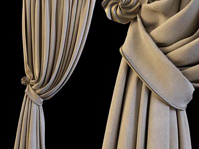 Beige Pleated Curtains With Textured Fabric And Elegant Tied Design Details 3d model