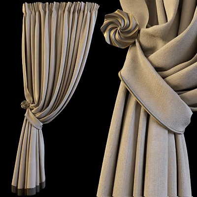 Beige Pleated Curtains With Textured Fabric And Elegant Tied Design Details 3d model