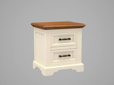 Classic Bedside Table Featuring White Cabinet Two Drawers Brown Wooden Top and Black Handles 3d model