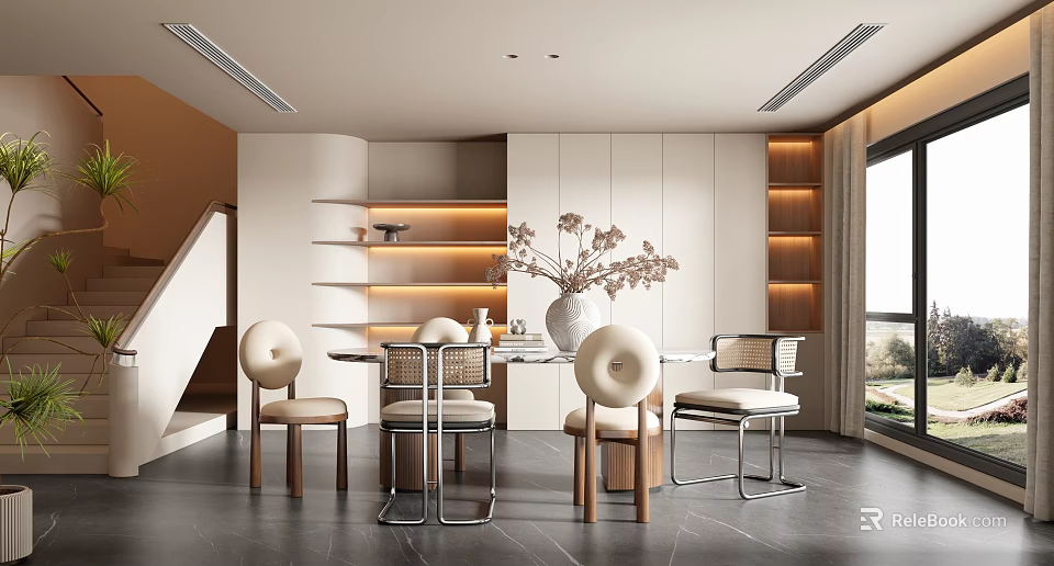 Elegant Modern Restaurant Dining Space With Round Chairs Metal Frames Wooden Accents And Floral Decor Vase 3d model 