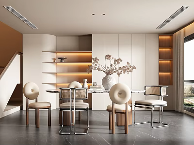 Elegant Modern Restaurant Dining Space With Round Chairs Metal Frames Wooden Accents And Floral Decor Vase 3d model