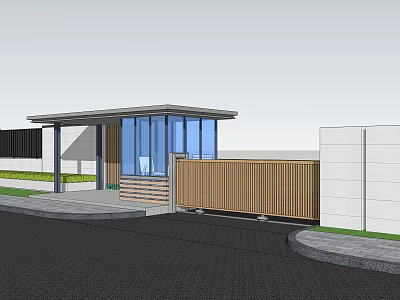 Modern Building Entrance With Glass Curtain Wall Wooden Fence And Canopy Driveway 3d model