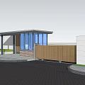 Modern Building Entrance With Glass Curtain Wall Wooden Fence And Canopy Driveway