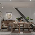 Traditional Chinese Painting Gallery With Wooden Display Shelf And Wall Artworks