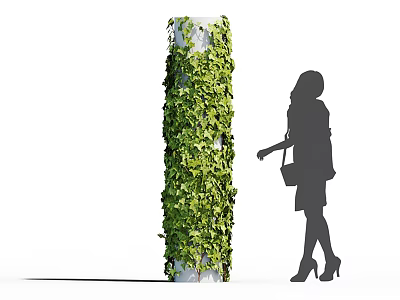 Lush Green Vines Covering White Column With Stylish Female Silhouette Walking 3d model