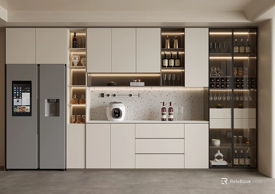 Modern Kitchen With Glass Door Wine Cabinet And White Storage Cabinets 3d model 