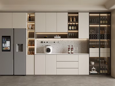 Modern Kitchen With Glass Door Wine Cabinet And White Storage Cabinets 3d model