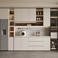 Modern Kitchen With Glass Door Wine Cabinet And White Storage Cabinets