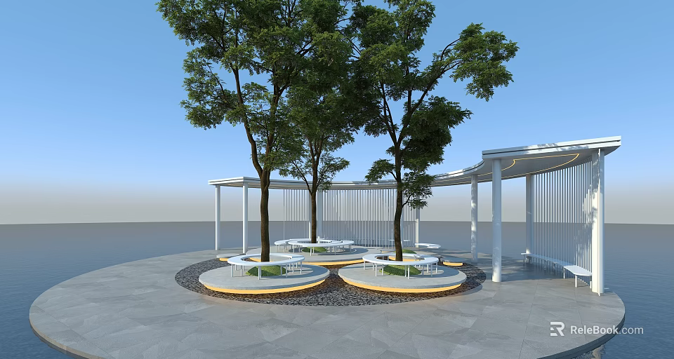 Modern White Pergola with Circular Platform and Trees on Gray Paving 3d model 