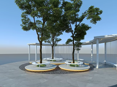 Modern White Pergola with Circular Platform and Trees on Gray Paving 3d model