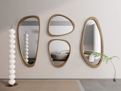 Irregular Shaped Wooden Framed Mirrors Mounted on Wall With White Spherical Decor And Green Plant 3d model