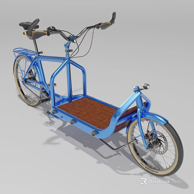 Blue Cargo Tricycle with Wooden Loading Platform and Front Carrier Structure 3d model 