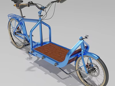 Blue Cargo Tricycle with Wooden Loading Platform and Front Carrier Structure 3d model