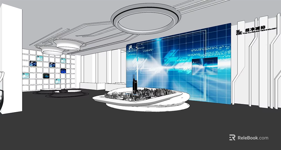 Modern Exhibition Hall Interior With Circular White Platform And Blue Digital Screens 3d model 