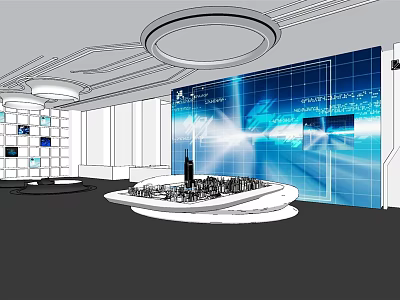 Modern Exhibition Hall Interior With Circular White Platform And Blue Digital Screens 3d model