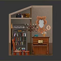 Miniature Room Interior With Wardrobe Red Chair Piano Bookshelf Mirror And Carpet