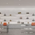Elegant Modern Clothing Store With Stylish Bags Displayed On White Shelves And Glass Tables