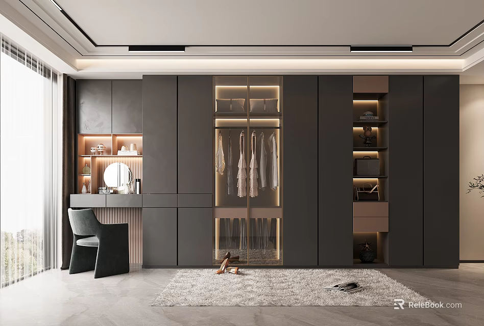 Modern Luxury Wardrobe Interior Design With Glass Door Hanging Clothes Dressing Table Mirror Carpet 3d model 