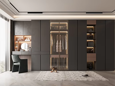 Modern Luxury Wardrobe Interior Design With Glass Door Hanging Clothes Dressing Table Mirror Carpet 3d model