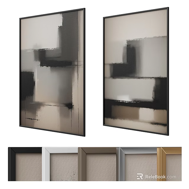 Modern Abstract Paintings With Geometric Shapes Black White Gray Tones And Frames 3d model 