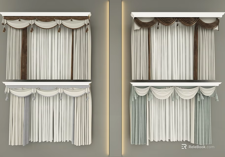 Stylish Curtains With Decorative Valance And White Brown Pastel Color Tones 3d model 