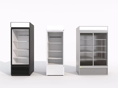 Modern Black White Silver Upright Display Refrigerators With Glass Doors And Multiple Shelves 3d model