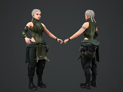 Game Movie Character With Silver Hair Green Outfit Arm Tattoos And Dual Poses Design 3d model