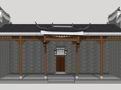 Ancient Architecture With Traditional Wooden Pillars Black Tiled Roof Brick Wall And Wooden Door 3d model