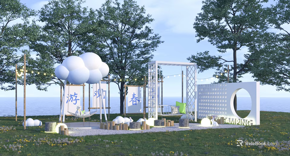 Outdoor Spring Setting With Cloud Decorations Trees Swing White Structure And Lawn 3d model