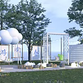 Outdoor Spring Setting With Cloud Decorations Trees Swing White Structure And Lawn 3d model