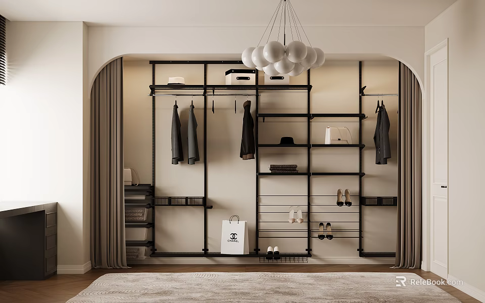 Modern Open Wardrobe Design With Hanging Clothes Shelves Shoes And Accessories 3d model 