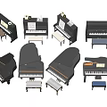 Various Black Piano Models Including Grand Upright Styles And Matching Stools 3d model