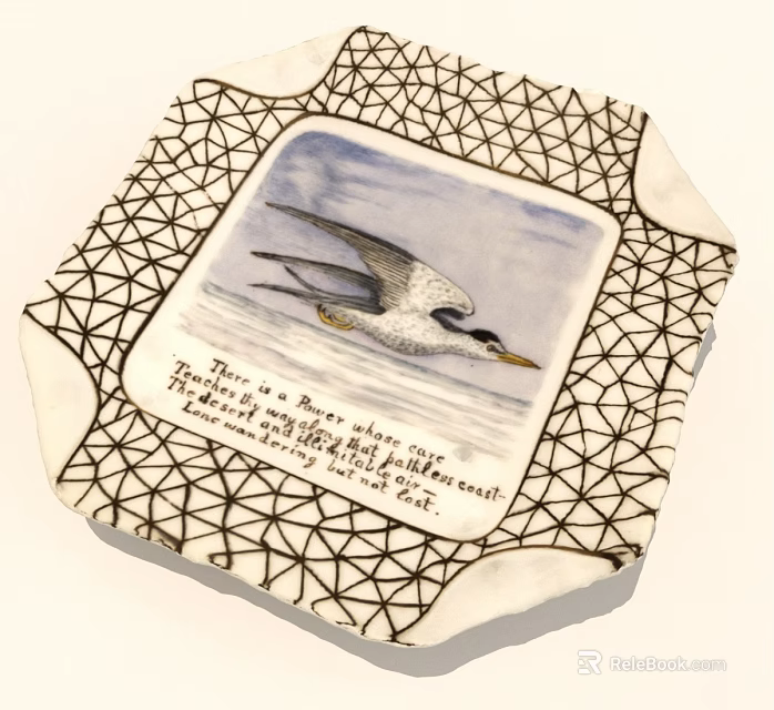 Vintage Decorative Plate Featuring Seabird Illustration Text And Geometric Border Design 3d model 