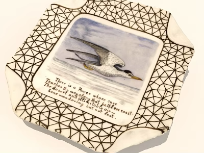 Vintage Decorative Plate Featuring Seabird Illustration Text And Geometric Border Design 3d model