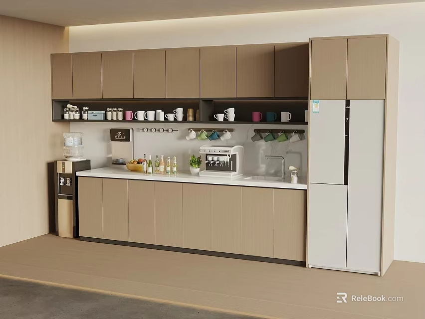 Modern Brown Sideboard With Storage Shelves Countertop Coffee Machine And Decorations In Kitchen 3d model 
