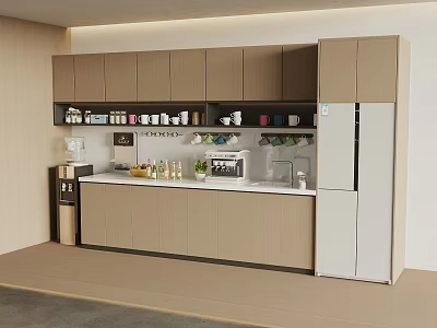 Modern Brown Sideboard With Storage Shelves Countertop Coffee Machine And Decorations In Kitchen 3d model