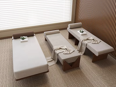Serene Spa Room With Three Massage Beds Light Fabric Wooden Frames Towels And Blinds 3d model