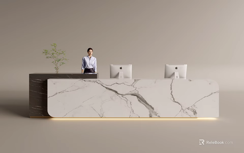 Modern Front Desk Reception Design With Marble Countertop Female Receptionist Computers And Green Plant 3d model 