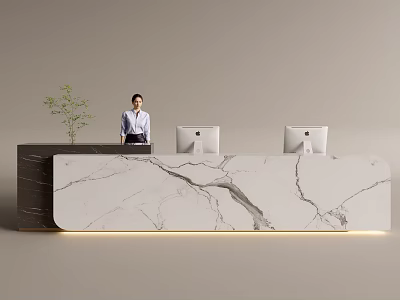 Modern Front Desk Reception Design With Marble Countertop Female Receptionist Computers And Green Plant 3d model