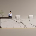 Modern Front Desk Reception Design With Marble Countertop Female Receptionist Computers And Green Plant