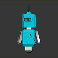 Blue 3D Robot Model With Spiked Head Square Body Green Eyes And Dark Background