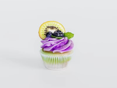 Colorful Cupcake With Purple And Green Buttercream Topped With Kiwi Slice Blueberries And Mint Leaf 3d model