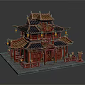 Cartoon Scene of Traditional Chinese Red Pagoda With Golden Ornate Roof and Hanging Lanterns