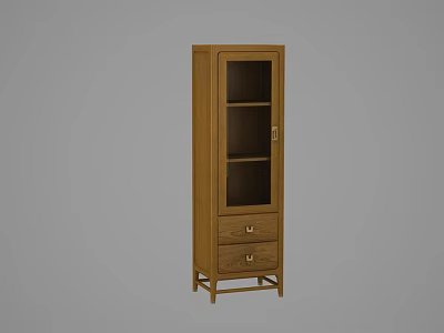 Tall Wooden Bookcase With Glass Door And Two Drawers For Storage 3d model
