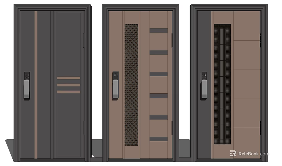 Modern Swing Doors With Different Panel Designs Grille Details And Metal Handles 3d model 