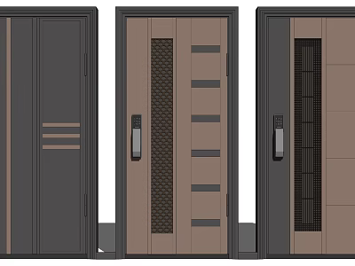 Modern Swing Doors With Different Panel Designs Grille Details And Metal Handles 3d model